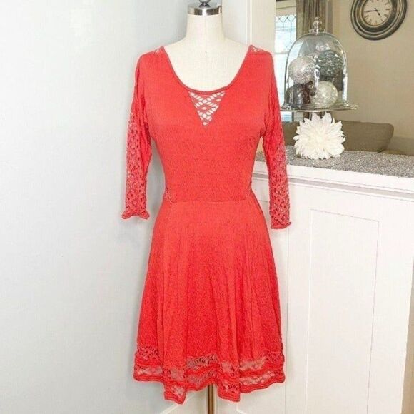 Free People Red Cut Out Lace Fit and Flare Dress - Picture 2 of 12